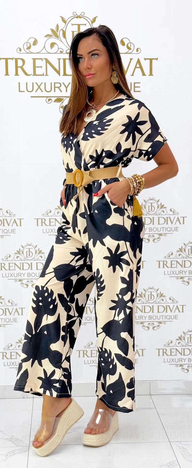 Átlapolt V-nyakú, levél mintázatú palazzo overál, ajándék övvel - Image 6