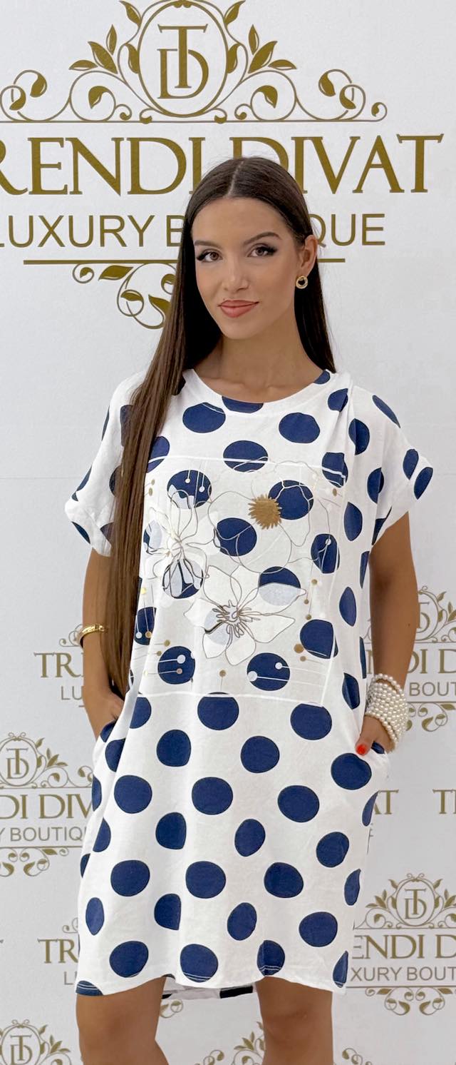 Pöttyös & virág mintázatú, elől rövidebb fazonú, zsebes tunika - Image 6