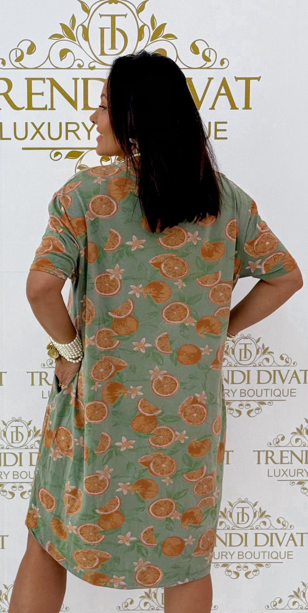 V-nyakú, zsebes, narancs mintázatú, laza fazonú tunika - Image 7