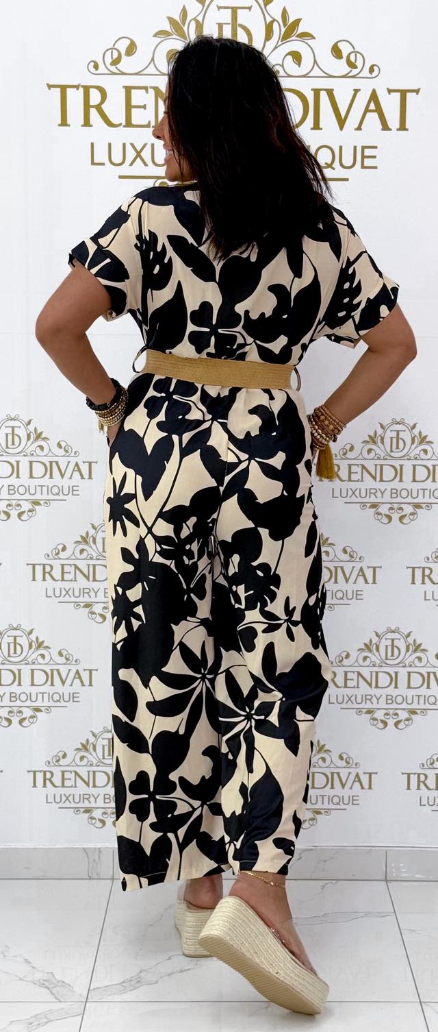 Átlapolt V-nyakú, levél mintázatú palazzo overál, ajándék övvel - Image 7