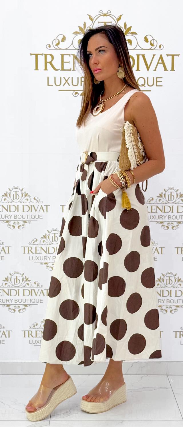 Pöttyös vászon szoknya részes zsebes maxi ruha, ajándék övvel - Image 7