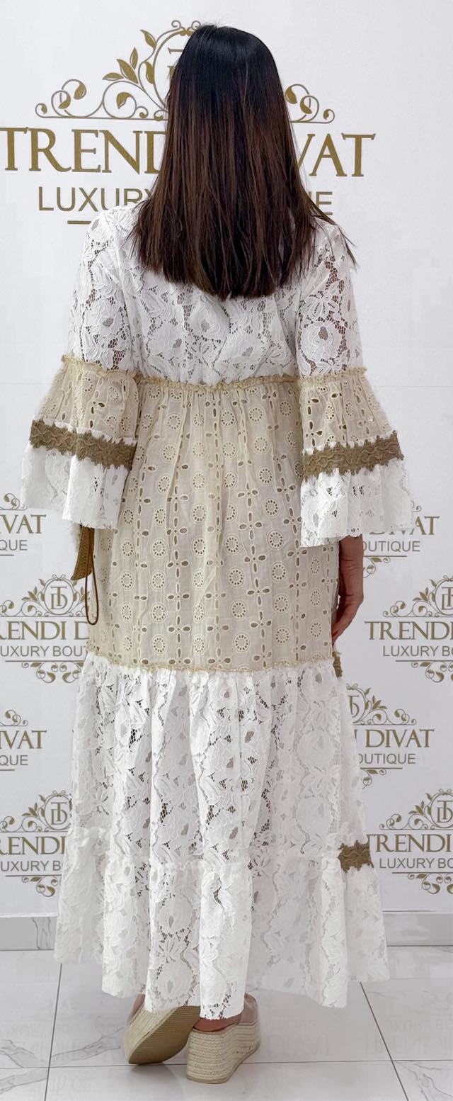 Tölcsér ujjú, madeira hímzett csipkés maxi ruha - Image 8