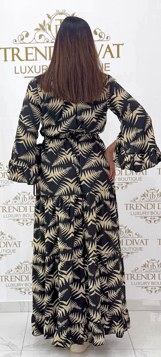 Gombos V-nyakú, mell alatt megkötős, különleges mintázatú, fodros maxi ruha - Image 8