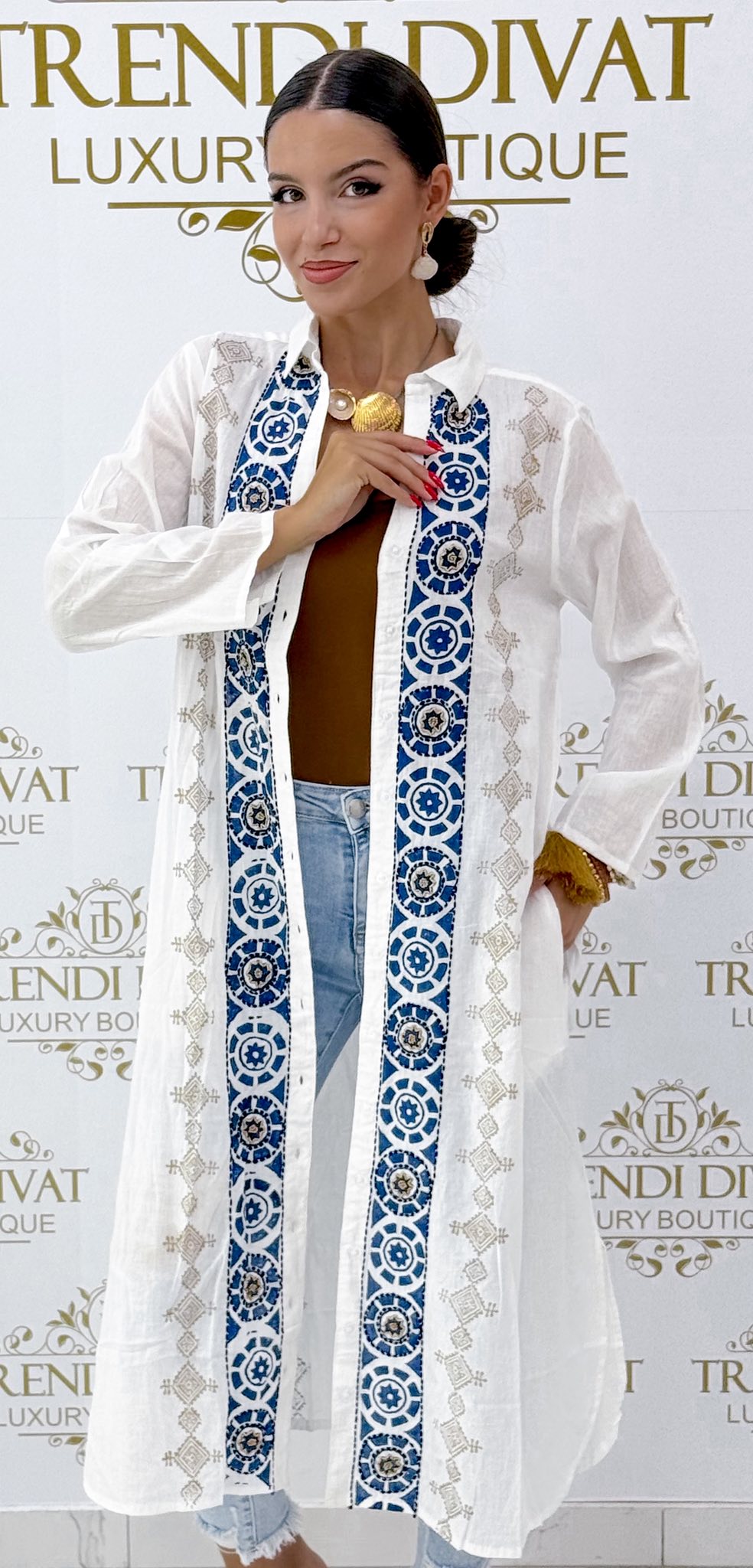 Lenge vékony vászon anyagú, különleges mintázatú maxi ing tunika - Image 8