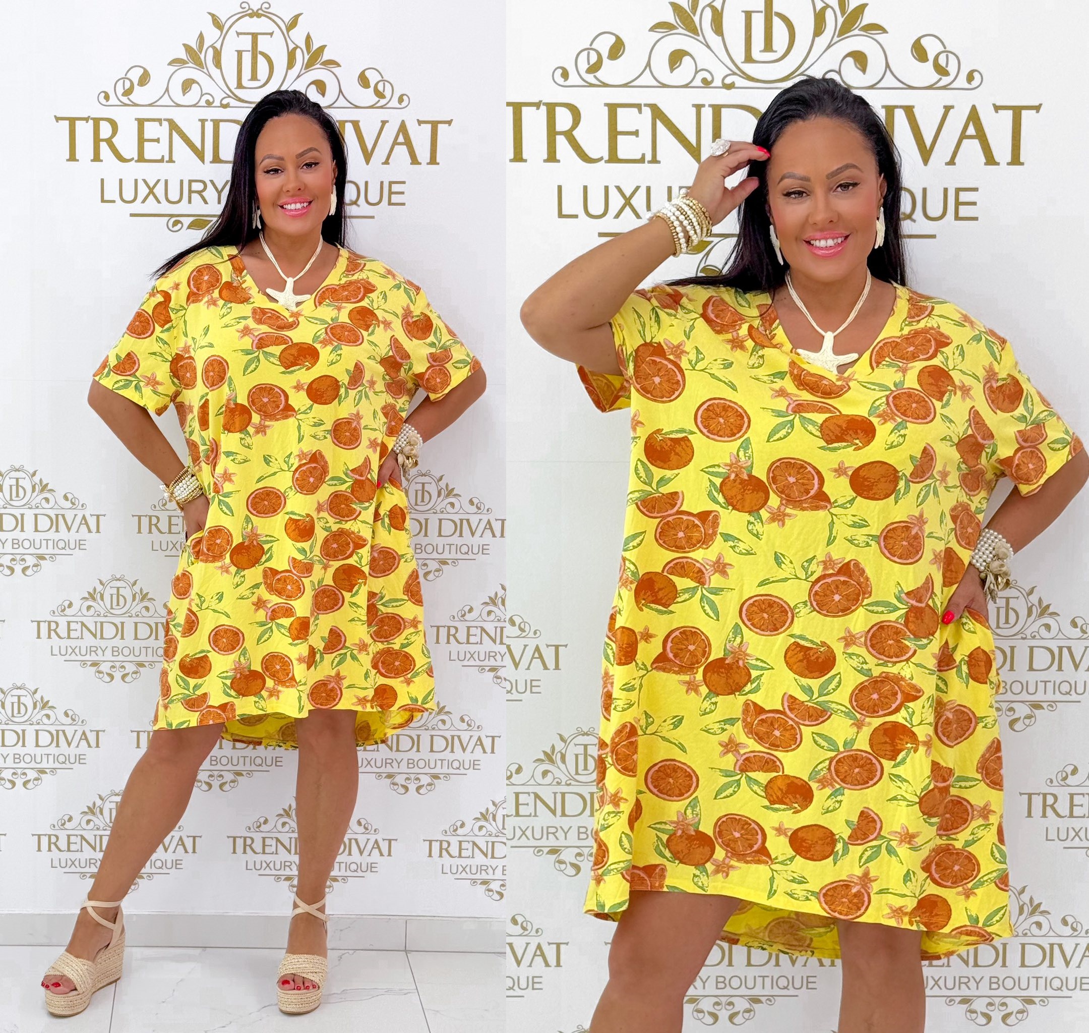 V-nyakú, zsebes, narancs mintázatú, laza fazonú tunika