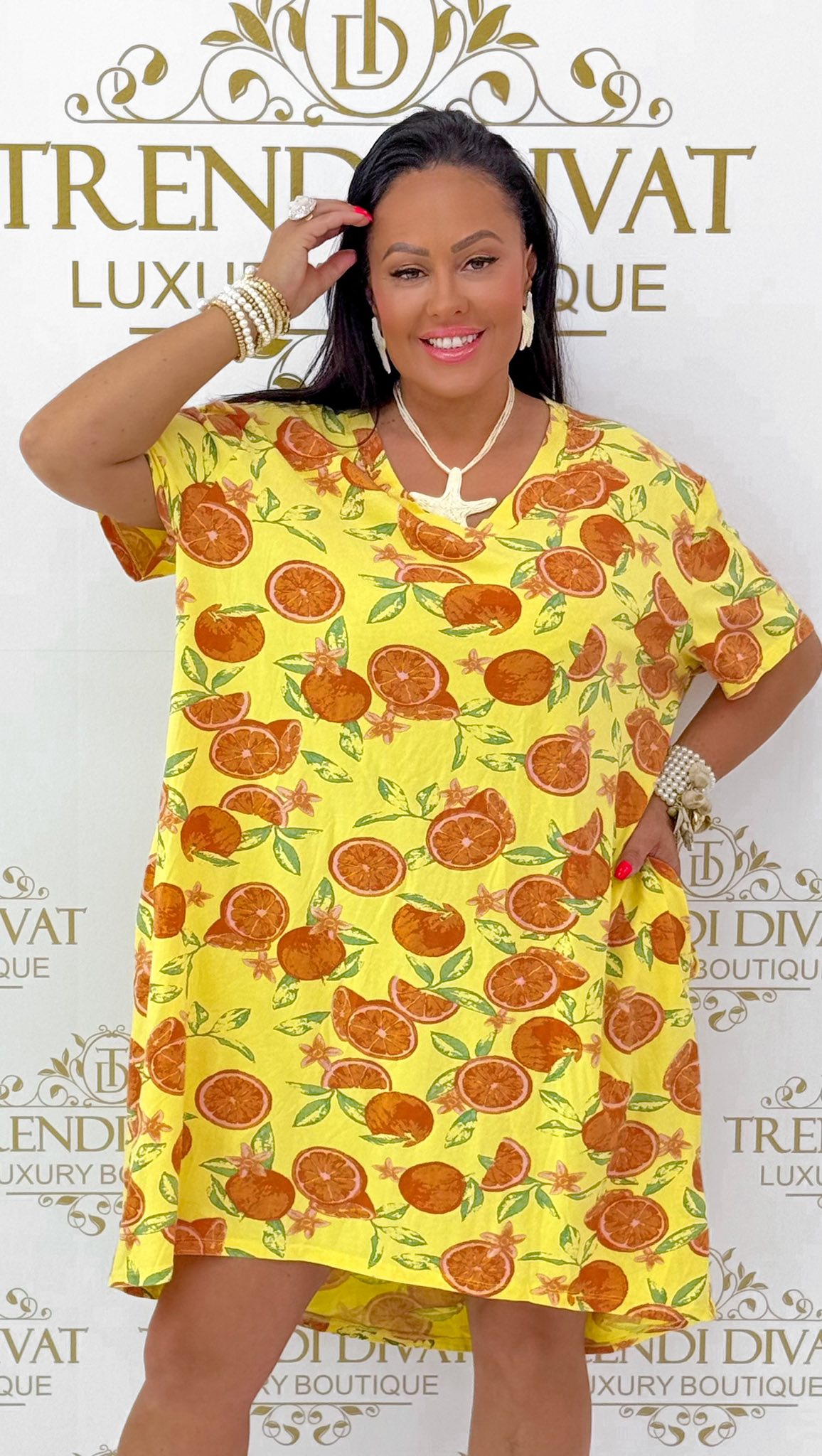 V-nyakú, zsebes, narancs mintázatú, laza fazonú tunika - Image 9