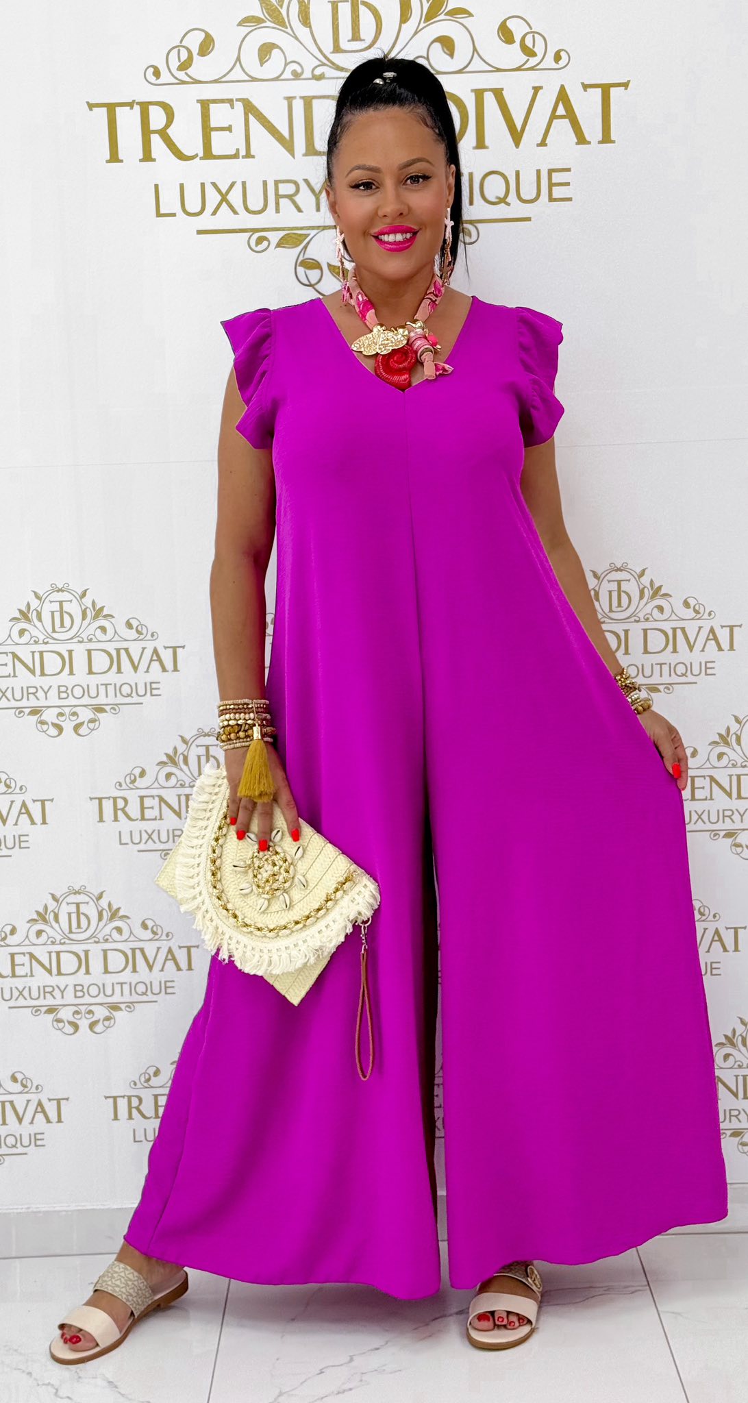 Nyitott hátú, fodros vállú, muszlin anyagú palazzo overál - Image 2