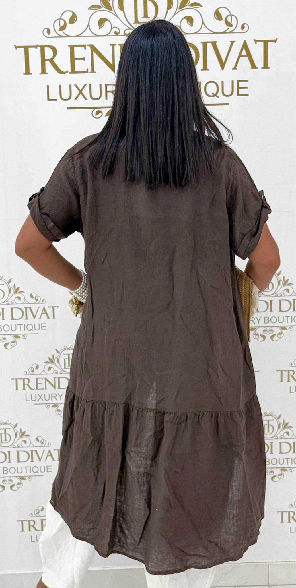 Lenvászon hatású galléros ing tunika, virágos kitűzővel - Image 10