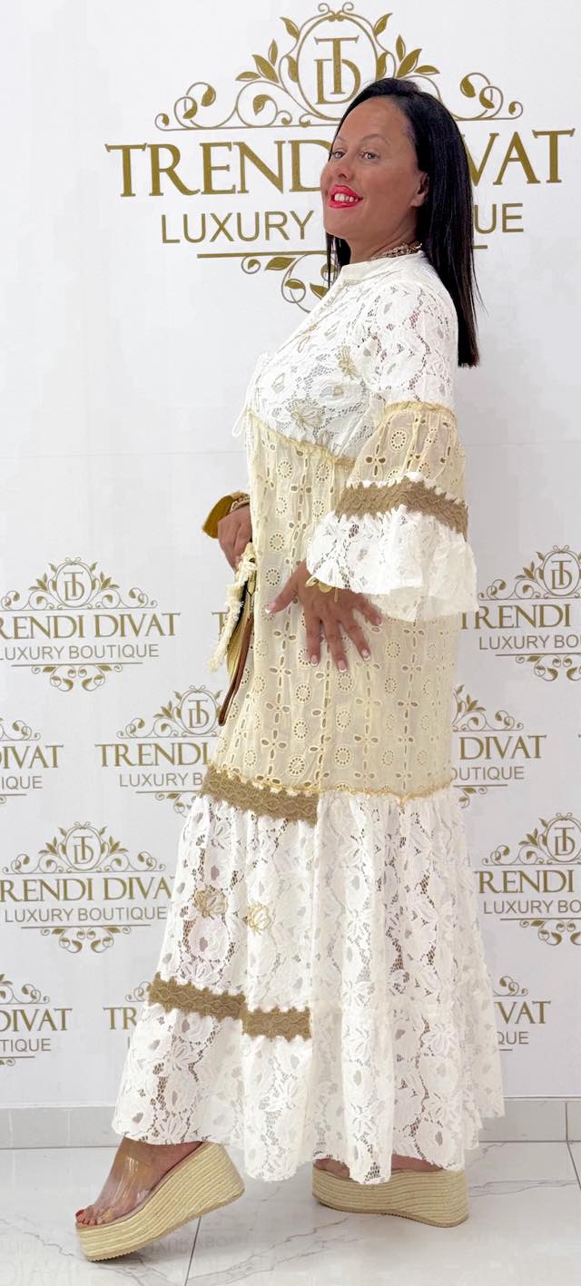 Tölcsér ujjú, madeira hímzett csipkés maxi ruha - Image 9