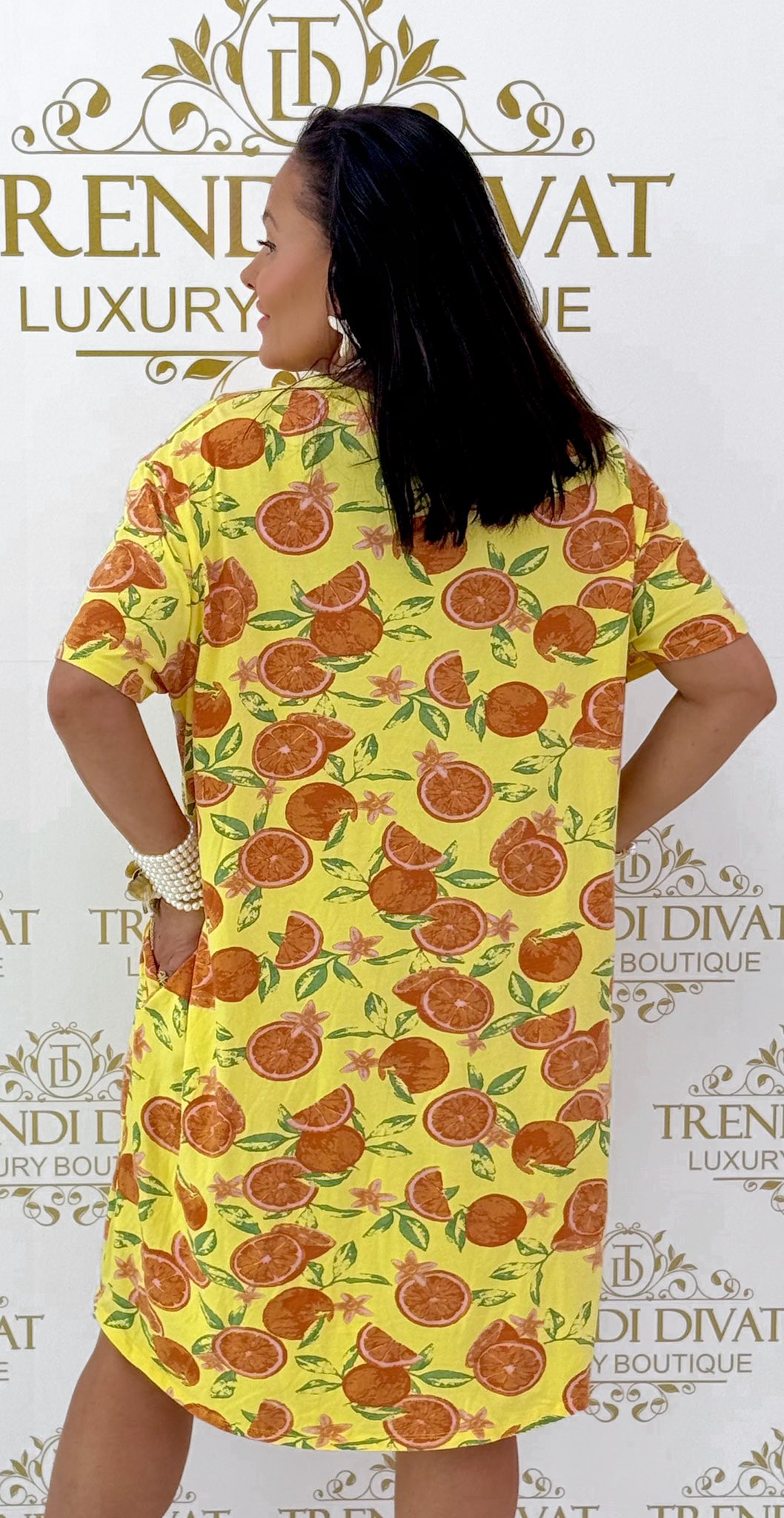 V-nyakú, zsebes, narancs mintázatú, laza fazonú tunika - Image 10