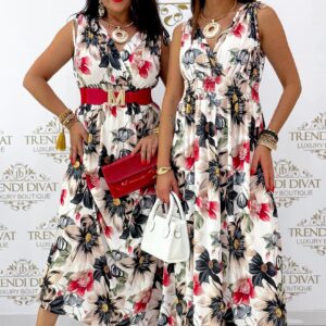 V-nyakú, húzott vállú, hideg selyem hatású, virág mintázatú maxi ruha