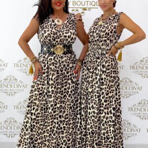 V-nyakú, húzott vállú, hideg selyem hatású, párducmintás maxi ruha