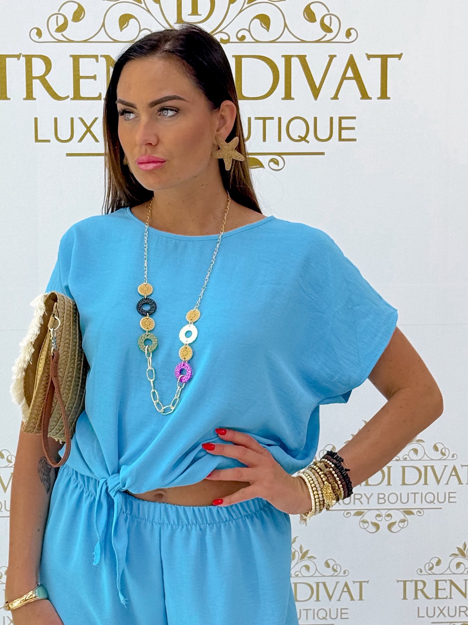 Elől megkötős felsőrészes, muszlin anyagú palazzo együttes, ajándék nyaklánccal - Image 13