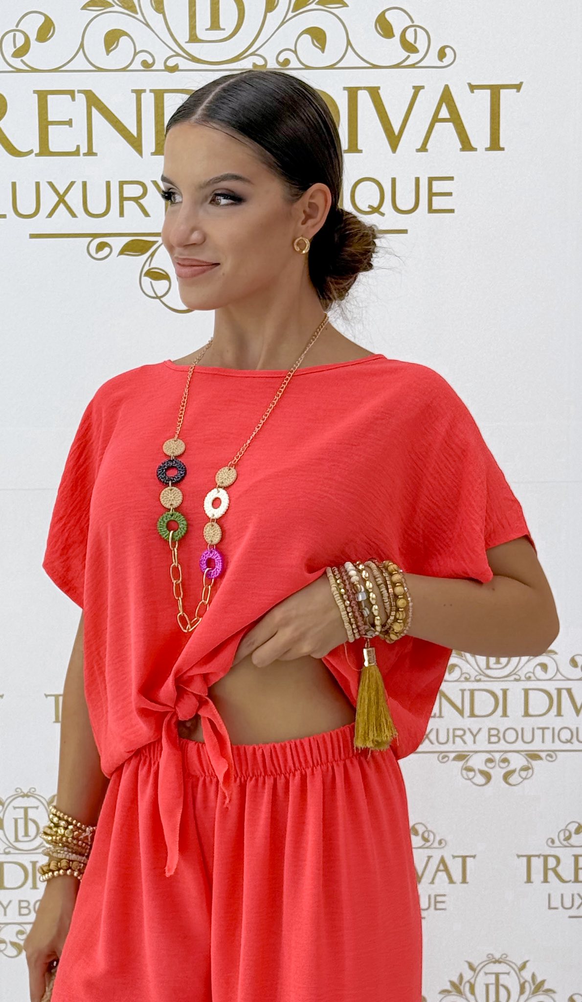 Elől megkötős felsőrészes, muszlin anyagú palazzo együttes, ajándék nyaklánccal - Image 3