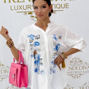 Álló galléros, virág & pillangó mintázatú, lenge vékony vászon anyagú blúz