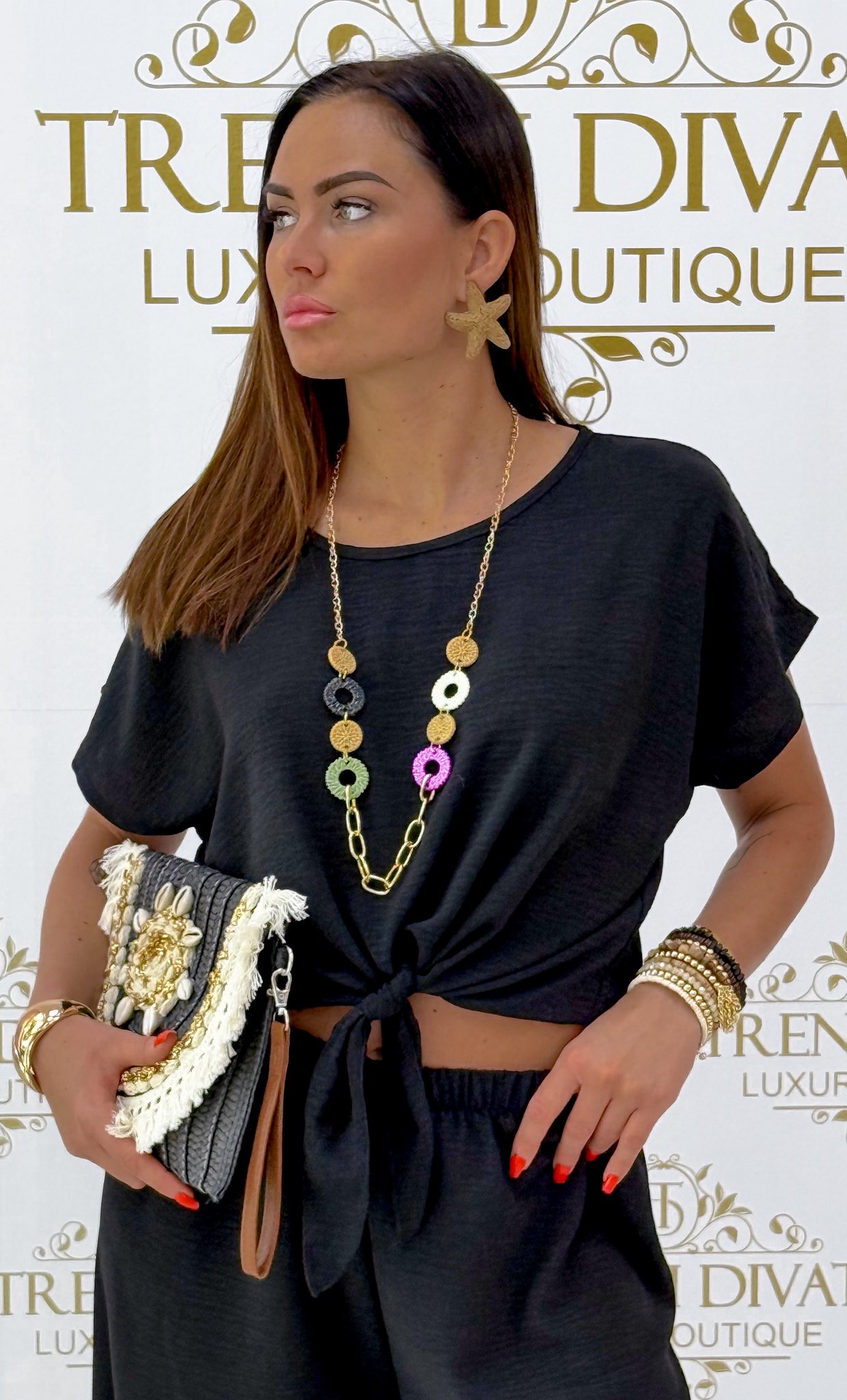 Elől megkötős felsőrészes, muszlin anyagú palazzo együttes, ajándék nyaklánccal - Image 4