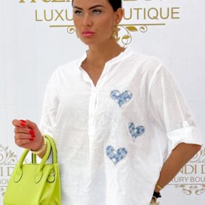 Álló galléros, kövekkel díszített 3 farmer szív mintázatú, lenge vékony vászon anyagú blúz