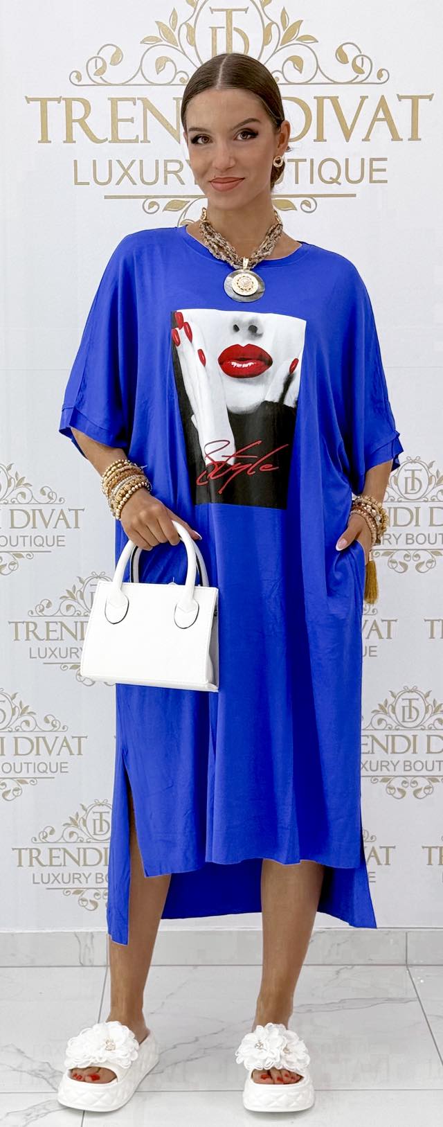 Női mintázatú, laza fazonú, zsebes pólóruha - Image 9